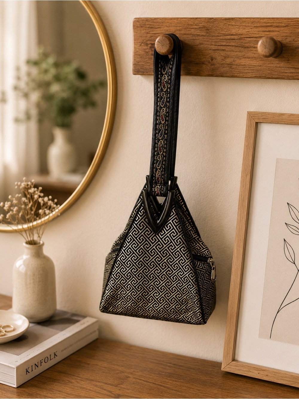 Black Geometric Mini Wristlet Bag with Patterned Strap